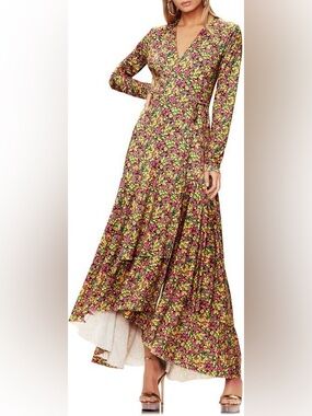 Floral V-Neck Long Sleeve Maxi Dress in Pink and Green